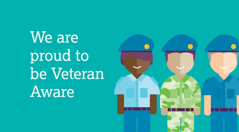 Veteran Aware graphic of animated people in armed forces clothing