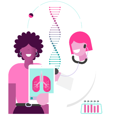 Illustration of a doctor holding up an image of a lung in front of a patient, who is smiling
