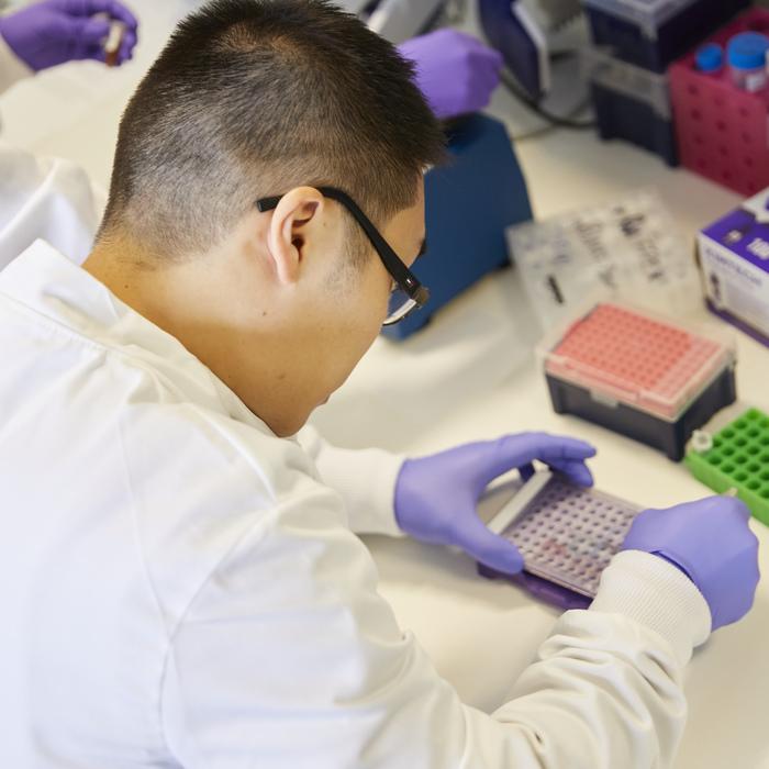 CMP research staff Alan Pak Lun Lau wearing glasses and white lab coat in laboratory with research equipment